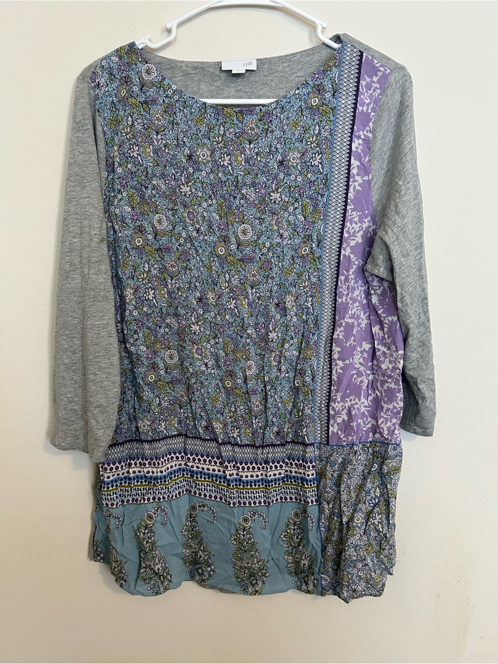 J.Jill Mixed Print Grey & Lavender Women's Floral Patchwork Top